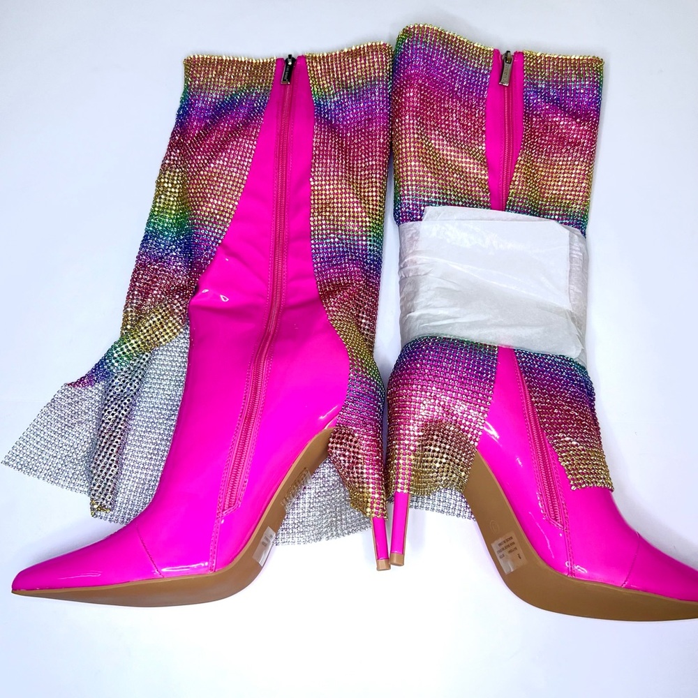 Rainbow Rhinestone Stiletto Boots. Hot Pink w/ Colorful Rhinestone Curtain -EDC - Picture 2 of 16